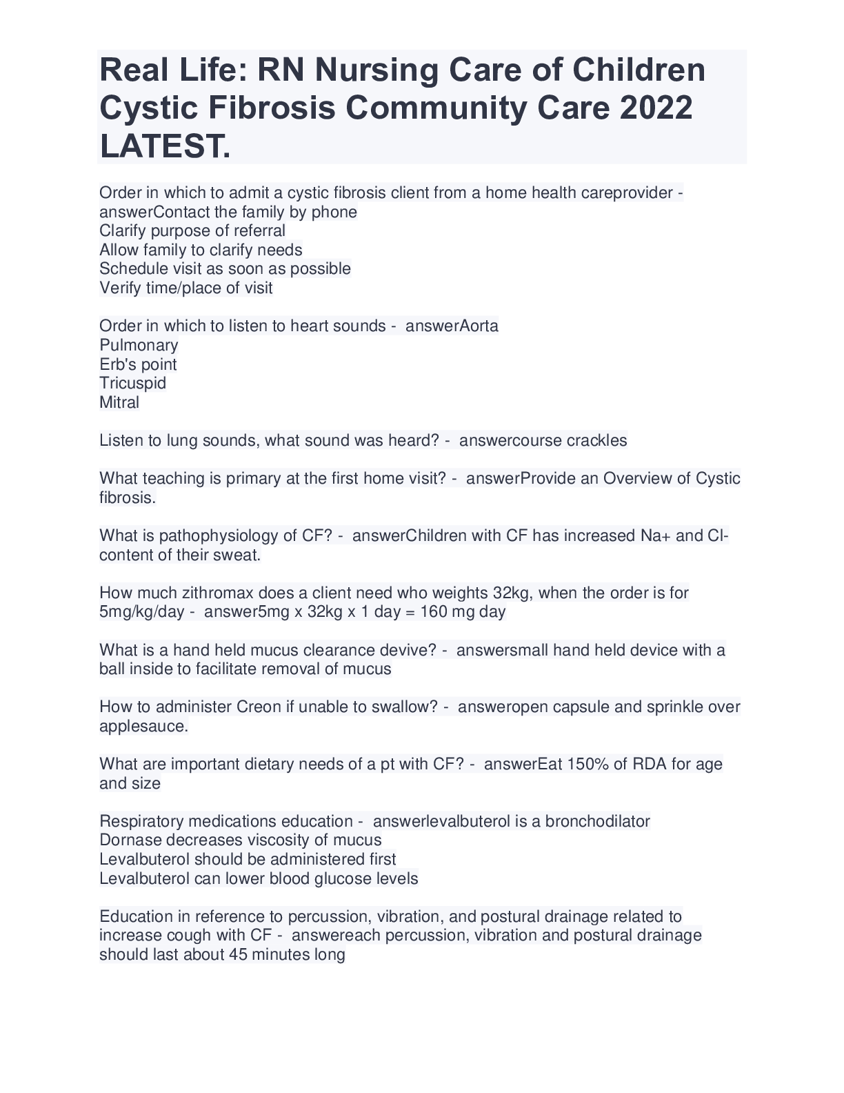 Preview image for Real Life: RN Nursing Care of Children Cystic Fibrosis Community Care WELL EXPLAINED GRADED A.